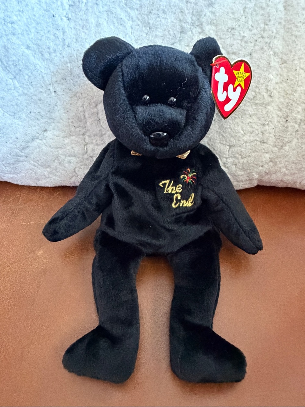 Ty NWT Black Bear Beanie Baby  Plush with Gold Embroidered 'The End'